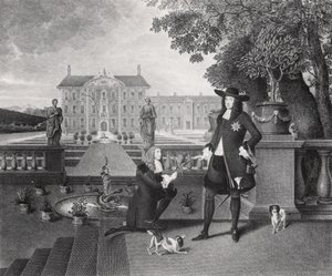 John Rose (ca. 1621-77) the King's Gardener, presenterer Charles II (1630-85) med den første ananas som ble dyrket i England, ved Dorney Court, ca. 1670